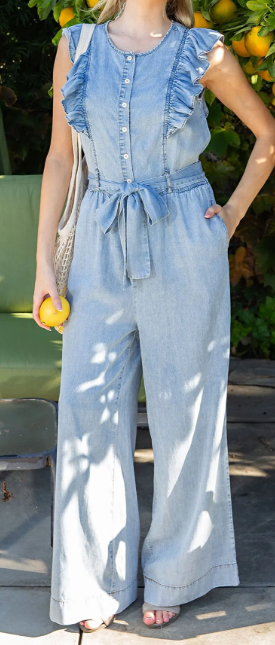 Mineral Washed Ruffle Round Neck Jumpsuit