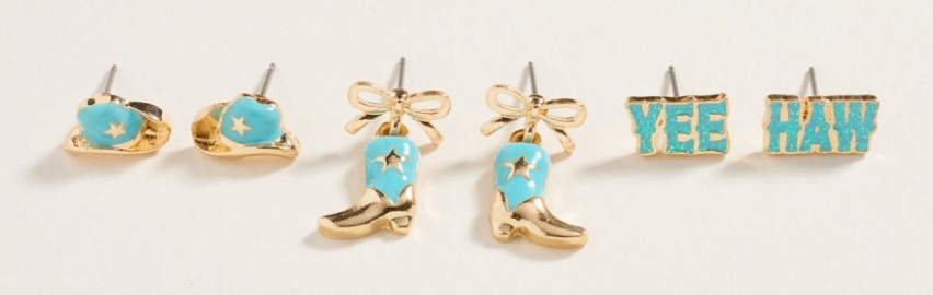 Western Mixed Cowgirl Themed 3PC Set Post Earrings