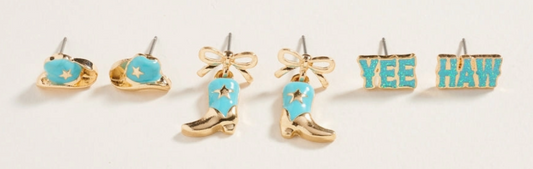 Western Mixed Cowgirl Themed 3PC Set Post Earrings