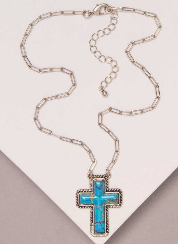 Western Marbled Turquoise Cross Pendant Necklace