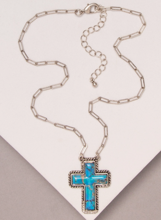 Western Marbled Turquoise Cross Pendant Necklace