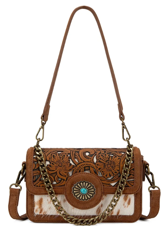 Trinity Ranch Cowhide Floral Cutout Crossbody Bag