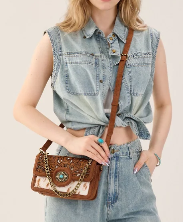 Trinity Ranch Cowhide Floral Cutout Crossbody Bag