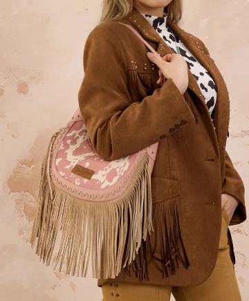 Wrangler Cow Print Fringe Shoulder Hobo Bag