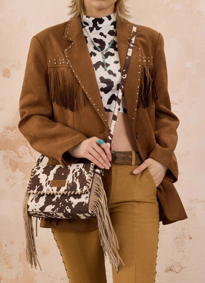 Wrangler Cow Print Fringe Crossbody Bag
