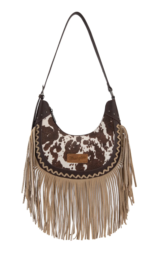 Wrangler Cow Print Fringe Shoulder Hobo Bag