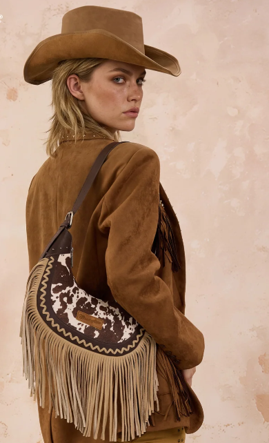 Wrangler Cow Print Fringe Shoulder Hobo Bag