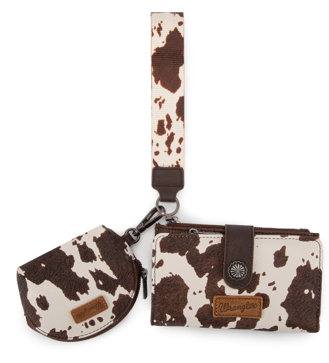 Wrangler Cow Print Wallet & Coin Pouch Wristlet Set