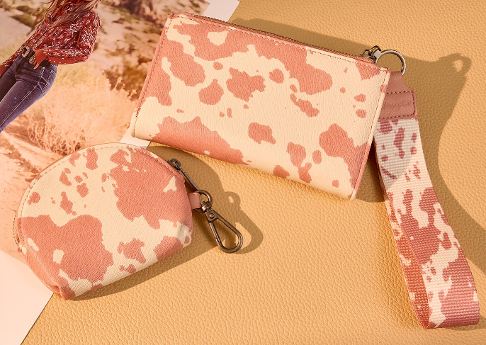 Wrangler Cow Print Wallet & Coin Pouch Wristlet Set