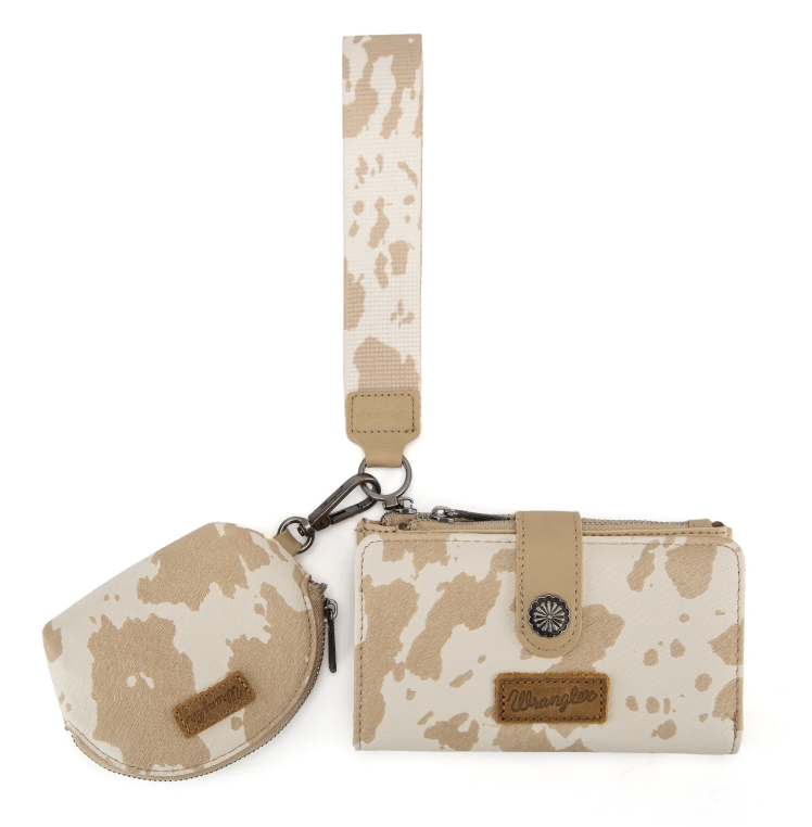 Wrangler Cow Print Wallet & Coin Pouch Wristlet Set