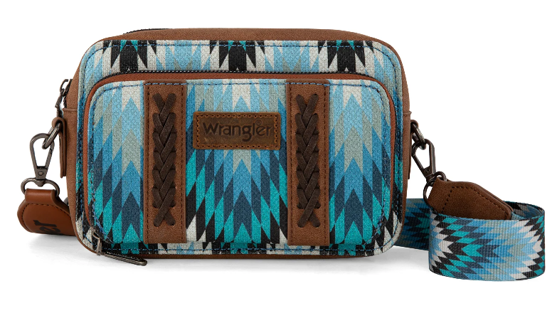 Wrangler Southwestern Pattern Dual Sided Print Crossbody Purse with Wallet Compartment