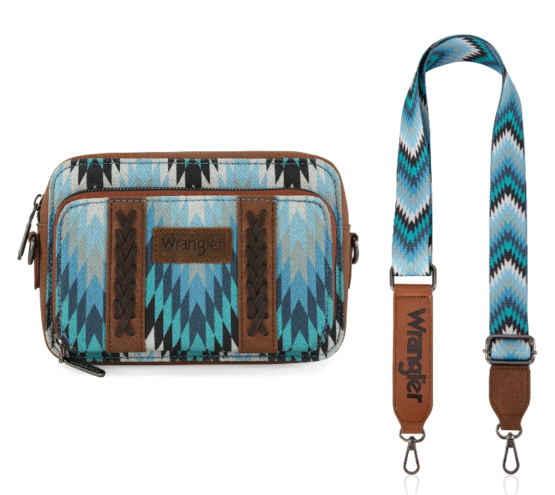 Wrangler Southwestern Pattern Dual Sided Print Crossbody Purse with Wallet Compartment