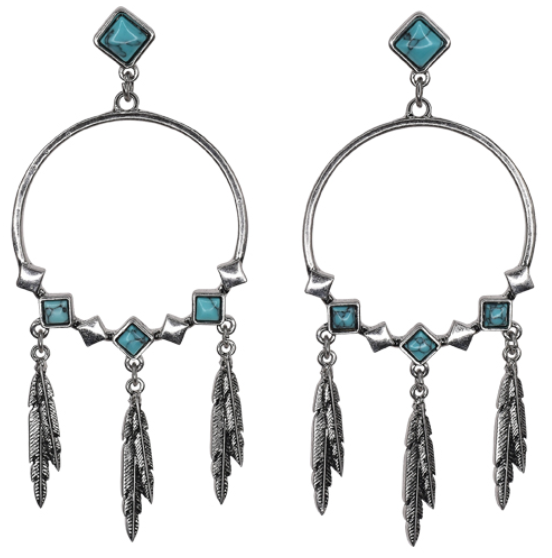 JUSTIN EARRINGS DROP DANGLE HOOPS W/FAUX TURQUOISE STONES AND FEATHERS
