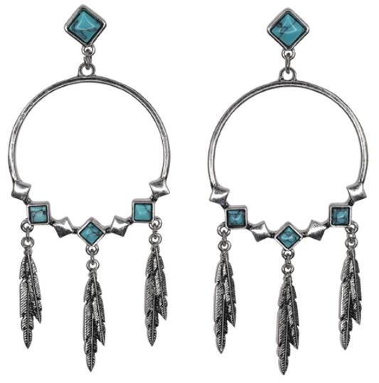 JUSTIN EARRINGS DROP DANGLE HOOPS W/FAUX TURQUOISE STONES AND FEATHERS