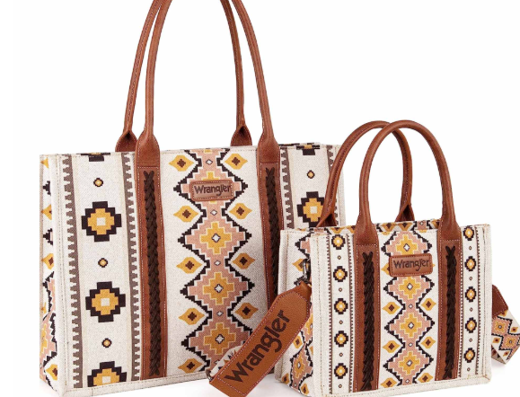 Wrangler Southwestern Print Large Tote & Small Canvas Tote/Crossbody (2PCS Set)- Coffee