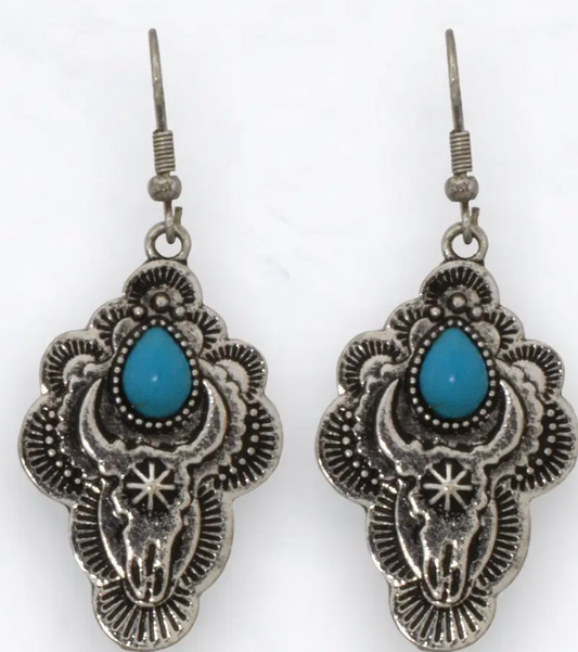 Turquoise Bull Skull Western Drop Earrings