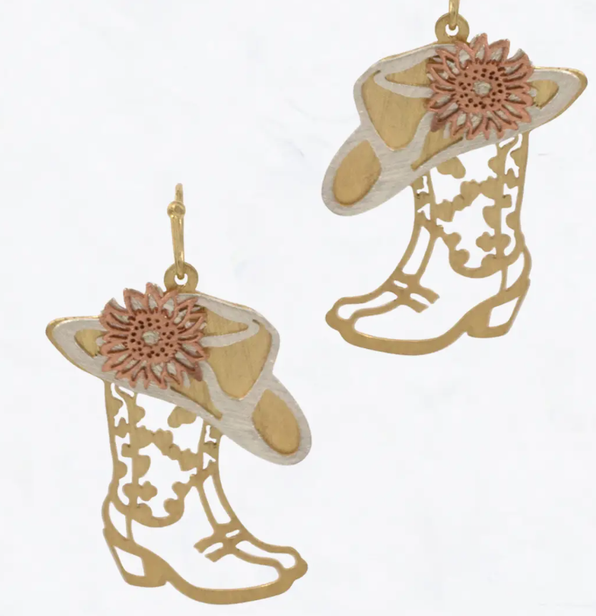 Cowgirl Hat & Boot Cutout Earrings with Sunflower