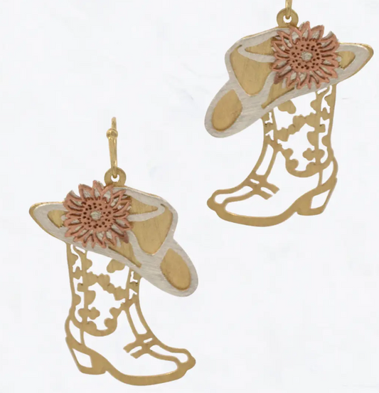 Cowgirl Hat & Boot Cutout Earrings with Sunflower