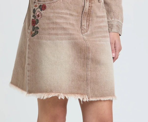Camel Floral Embroidered Denim Skirt