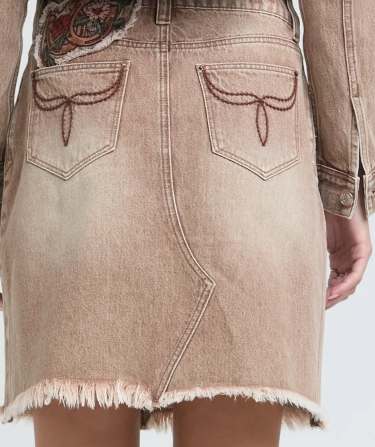 Camel Floral Embroidered Denim Skirt