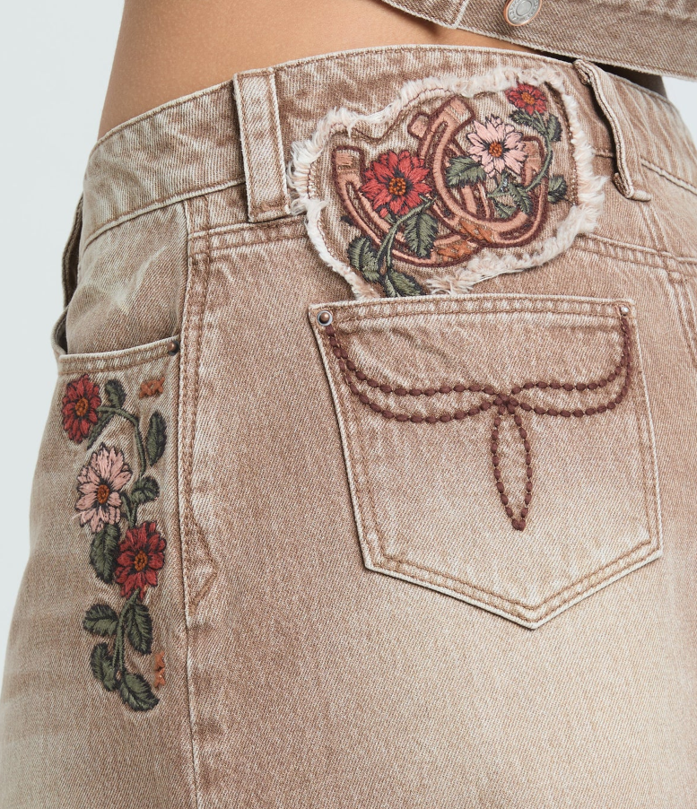 Camel Floral Embroidered Denim Skirt
