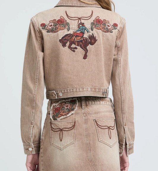 Camel Floral Embroidered Denim Jacket