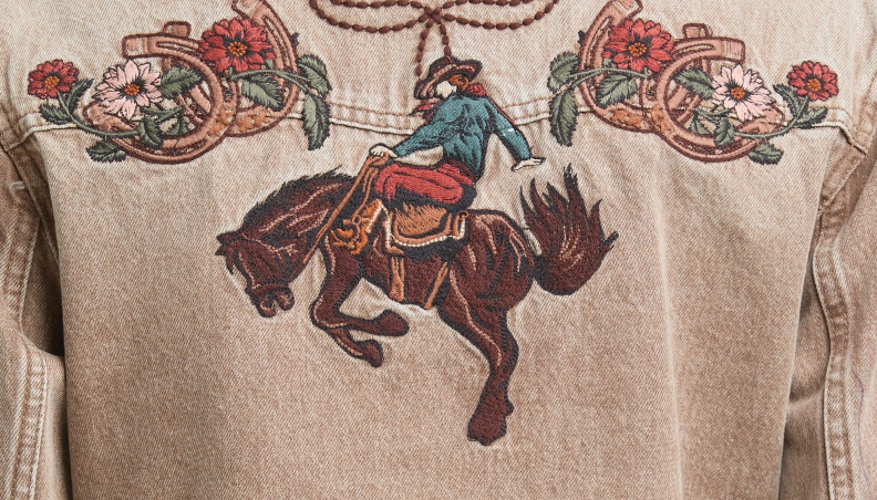 Camel Floral Embroidered Denim Jacket