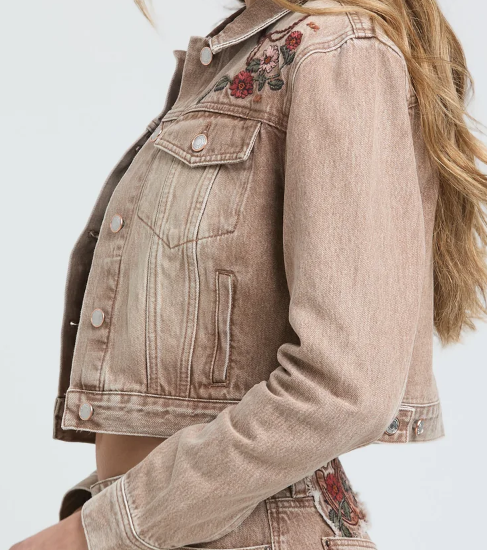 Camel Floral Embroidered Denim Jacket