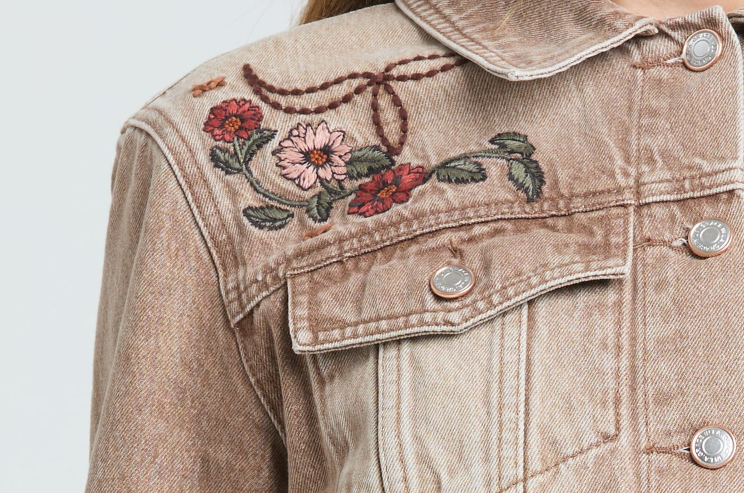Camel Floral Embroidered Denim Jacket