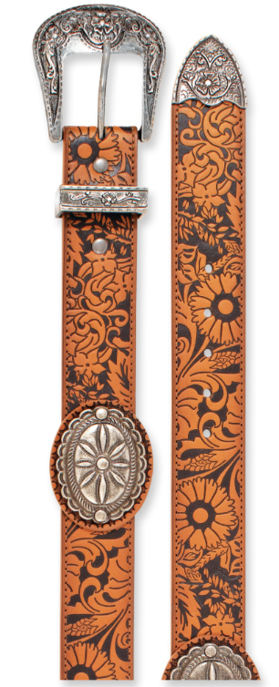 Catchfly Ladies Belt Tan W/Floral Emboss and Large Conchos