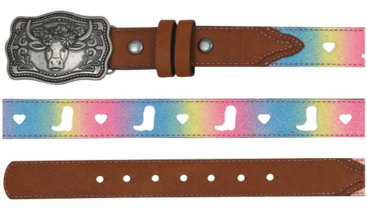 Catchfly Girl's Belt Pastel Rainbow Shimmer W/Hearts and Boots