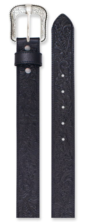 JP West Men's Genuine Leather Belt Black W/Oak Tooling