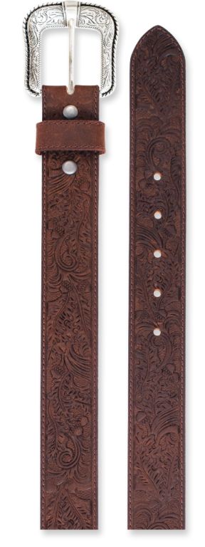 JP West Men's Genuine Leather Belt Brown W/Oak Tooling