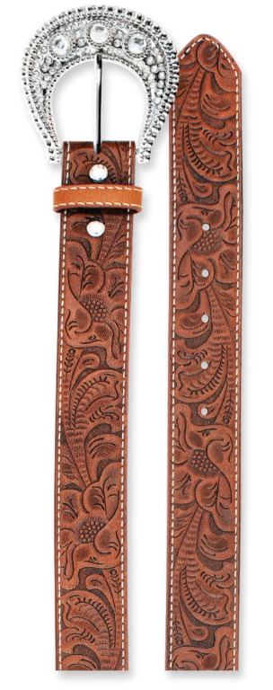 Justin Ladies Belt Brown Tooled W/Rhinestone Buckle