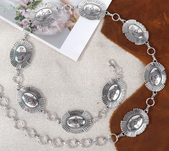 Rustic Couture Etched Oval Concho Link Chain Belt