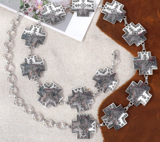 Rustic Couture Western Etched Aztec Cross Concho Silver Link Chain Belt