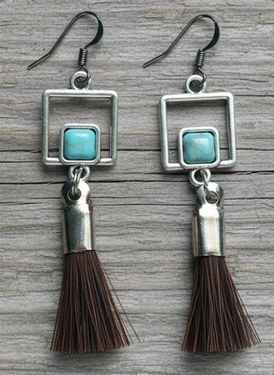 Turquoise Square Earrings W/Sorrel Tassel