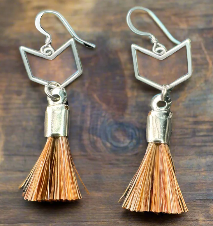 Silver Chevron Earrings W/ Cinnamon Tassel