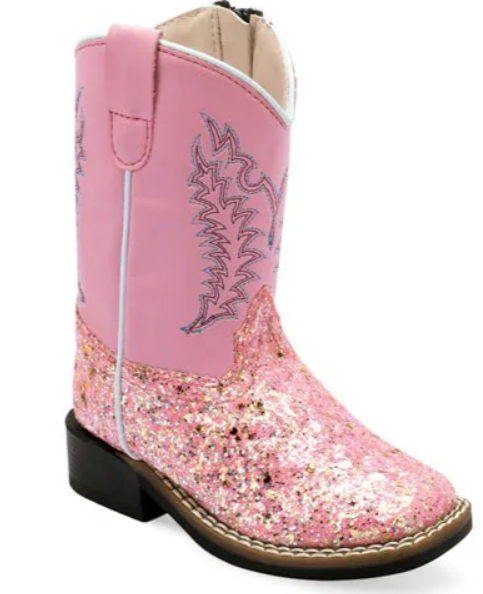 Old West Girls Square Toe Pink Faux Leather Cowboy Boots