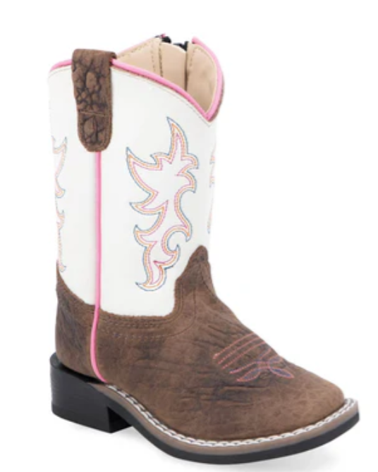Old West Girls Broad Square Toe White/Brown Leather Zip Boots