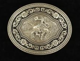 Nocona Oval Rope Edge Scroll Buckle with Vintage Saddle Bronc Motif