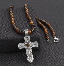 Silver Strike Men's Necklace 22" Tiger Eye Feather Cross Silver