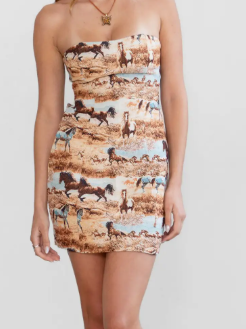 Django Tapestry Horse Print Strapless Western Mini Dress