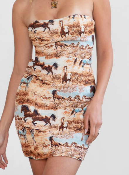 Django Tapestry Horse Print Strapless Western Mini Dress