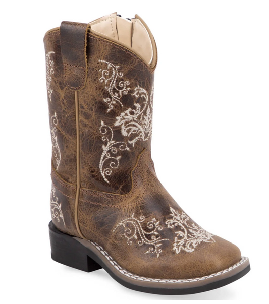 Old West Infant Girls Broad Square Toe Brown Leather Zip Cowboy Boots