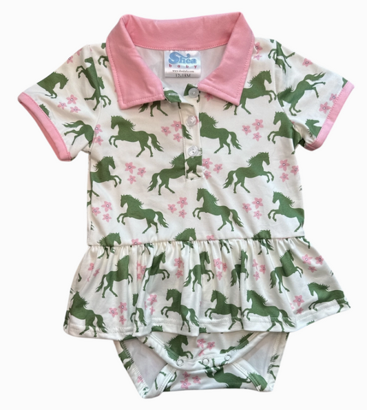 Shea Baby Green & Pink Horse Onesie Dress