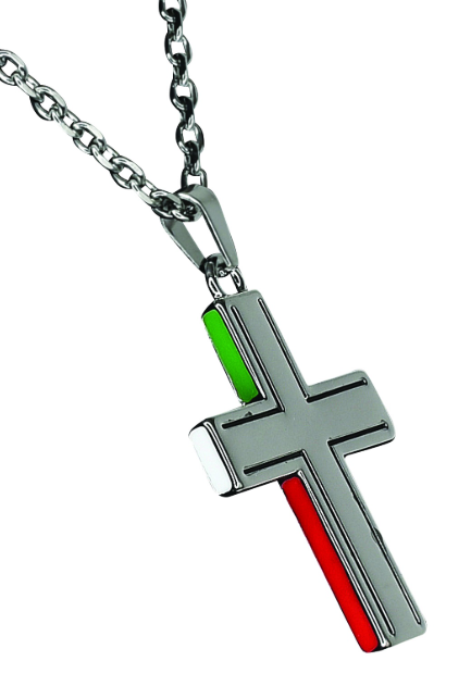 Justin Men's Necklace Stainless Steel Cross w /Enameled Mexican Flag Colors
