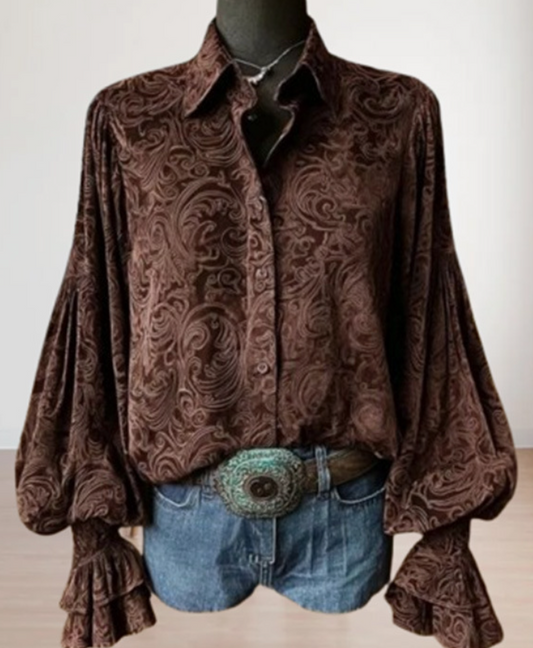 Boho Chic Floral Blouse Vintage Button-Up with Bell Sleeves