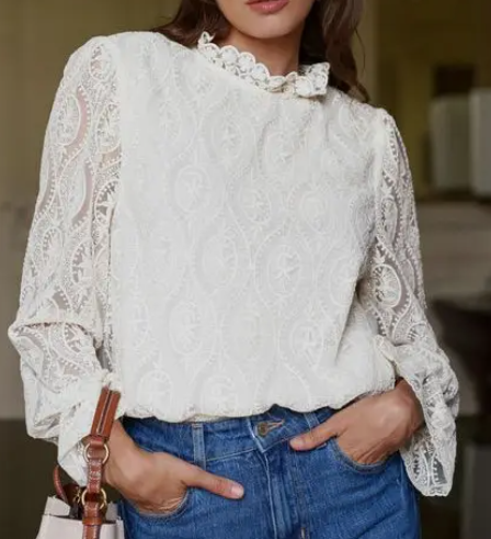 French Romance Vintage Floral Lace Ruffle Frill Blouse