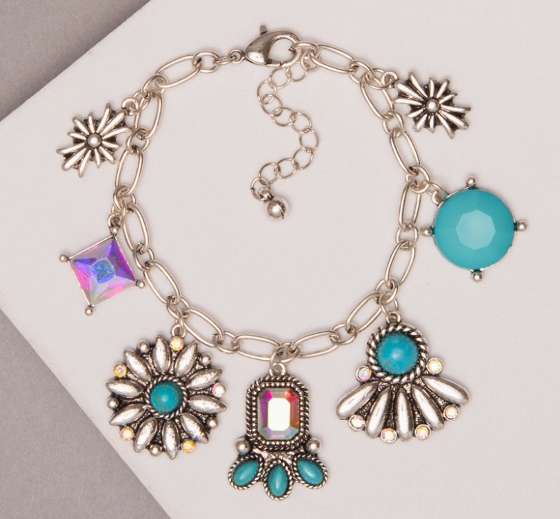Western Charm Bracelet with Turquoise Flower Fan and Crystal